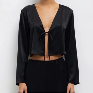 Leset Barb Satin Long Sleeve Open Tie Cropped Crop Blouse Top Black